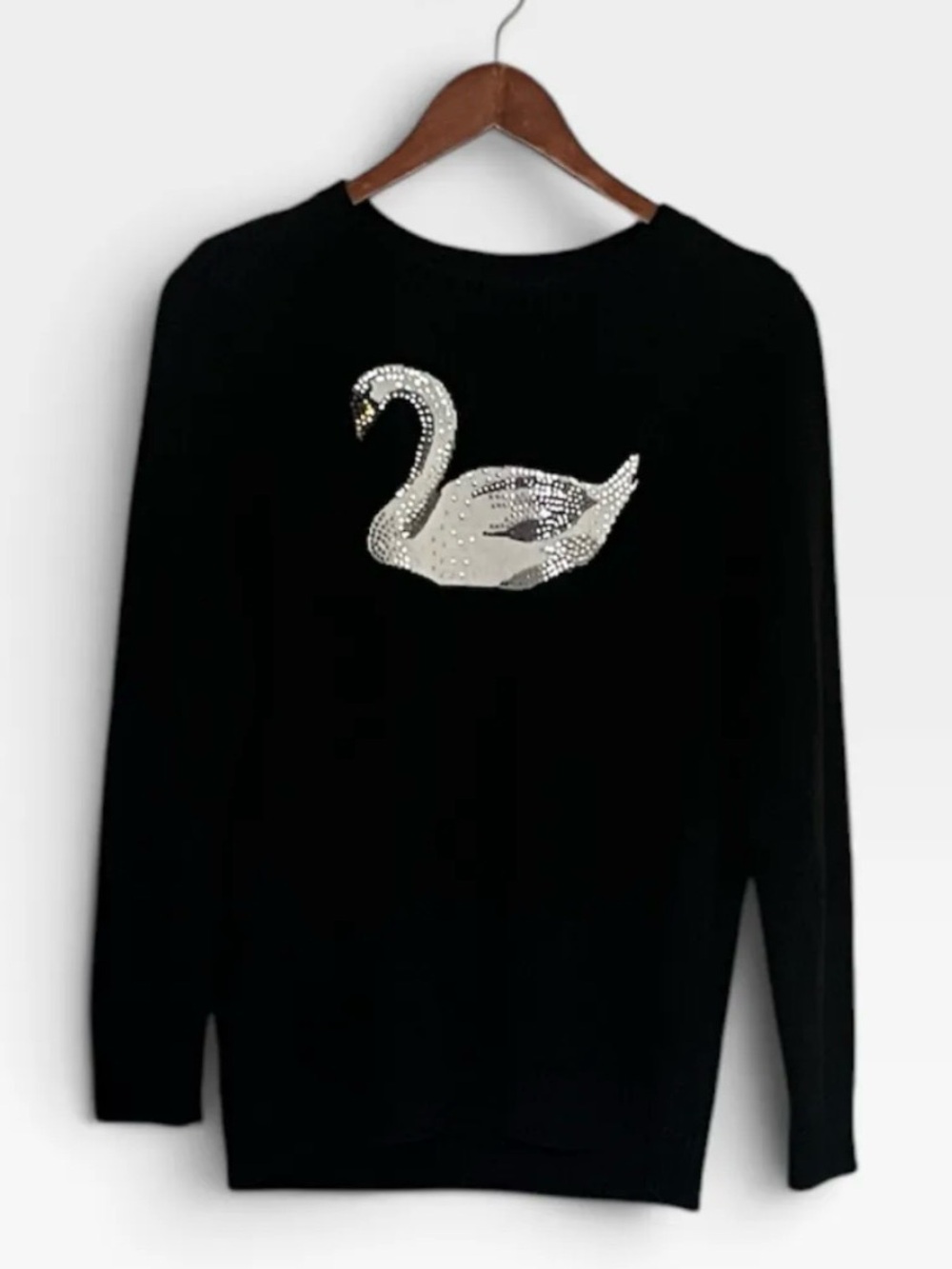 Black Crewneck Sweater with Crystal Swan and Gold-tone Shoulder Button Detail